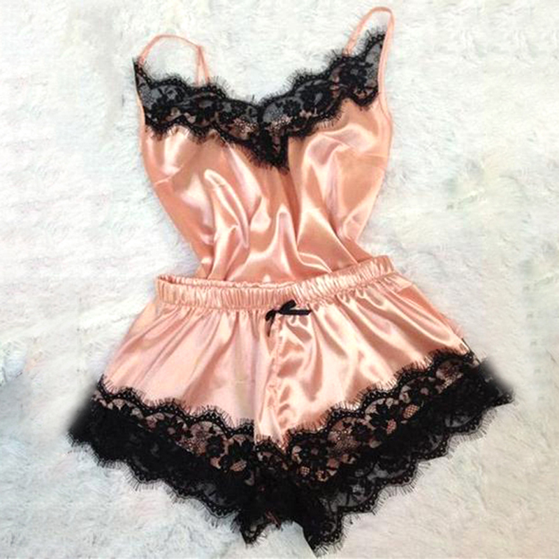 Pyjama en Satin pour femmes, vêtements de nuit, sans manches, bretelles, dentelle, garniture, caraco, ensemble haut, Sexy, vêtements érotiques pour la maison AI0001 – Image 6