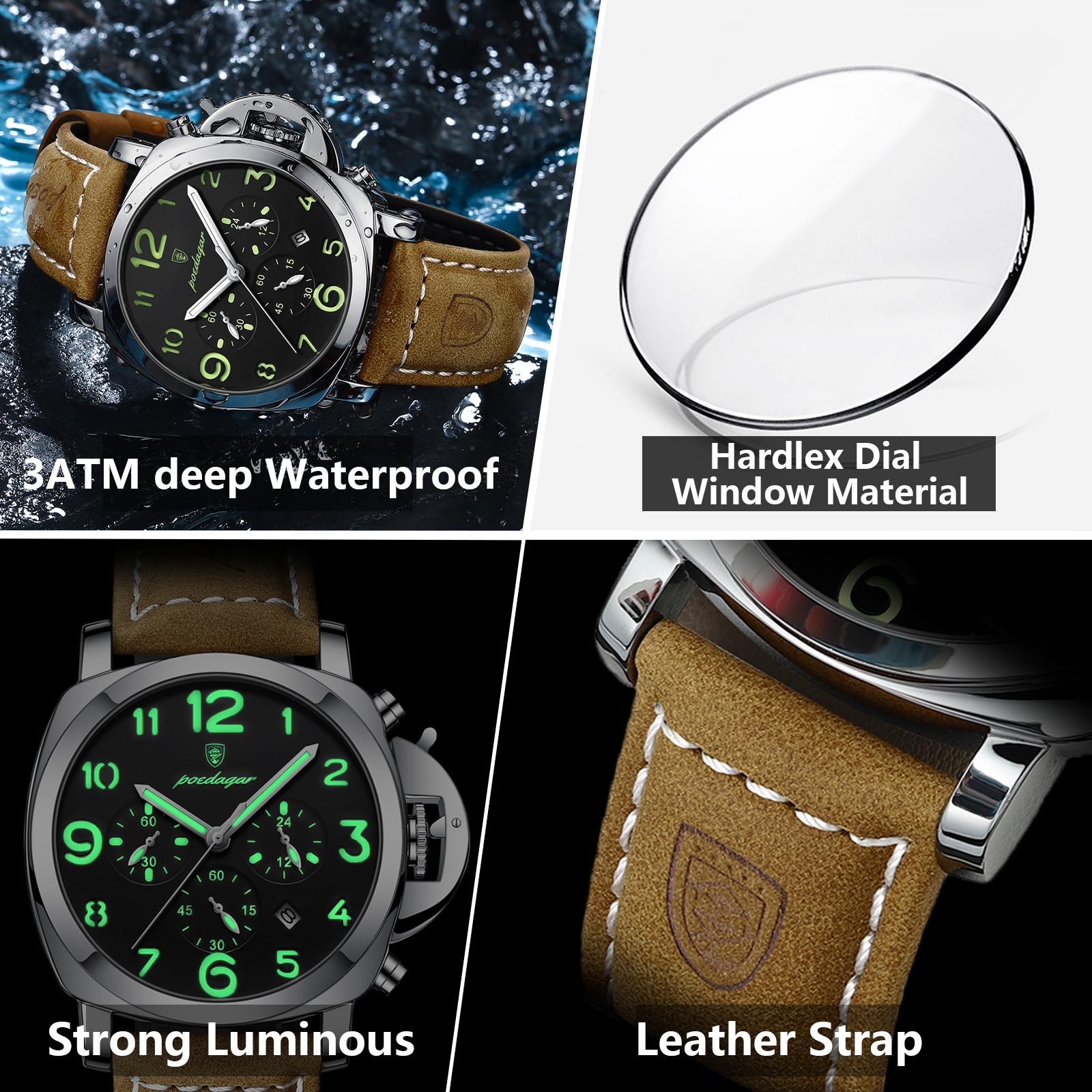 POEDAGAR-Montre Militaire de Luxe pour Homme, en Cuir Shoe, Étanche, à Quartz, de Haute Qualité, de dehors AI0001 – Image 4