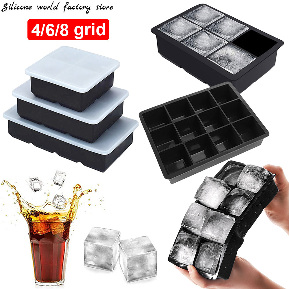 Moule à glaçons en silicone avec couvercle, moule à glaçons en silicone, grand moule carré, moule à glaçons bricolage, monde en silicone, grille 4, grille 6/8 AI0001