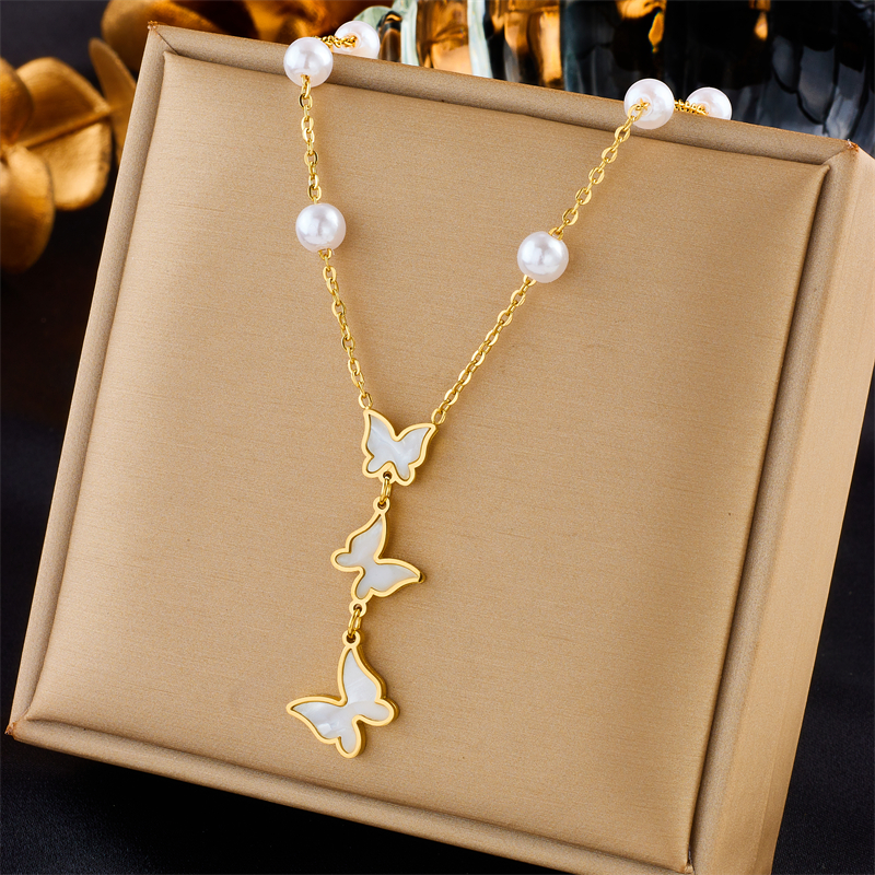 DIEYURO – collier et boucles d'oreilles en acier inoxydable 316L, perles papillon, pendentif pour femmes et filles, nouvelle tendance, ras du cou, ensemble de bijoux, cadeau de fête AI0001 – Image 6