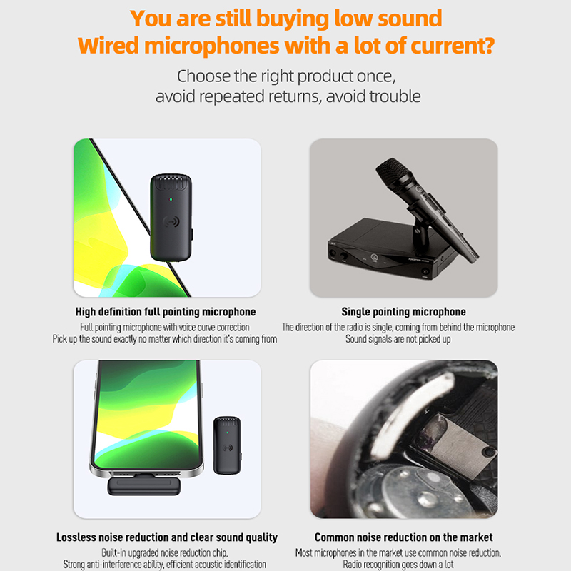 Microphone Lavalier sans fil avec boîtier de chargeur, réduction du bruit, audio, vidéo, statique, mini micro pour iPhone, Android, J13, J12, original AI0001 – Image 6