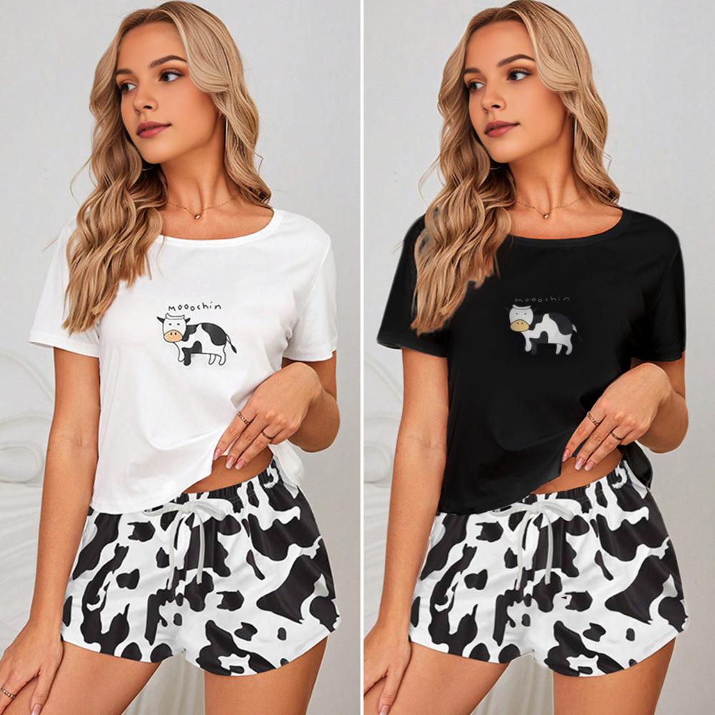 Ensemble de pyjamas à manches courtes pour femmes, T-shirt à col rond, cordon de proximité, taille élastique, pantalon court, vêtements d'intérieur, ensemble haut et short, 2 pièces par ensemble AI0001 – Image 3