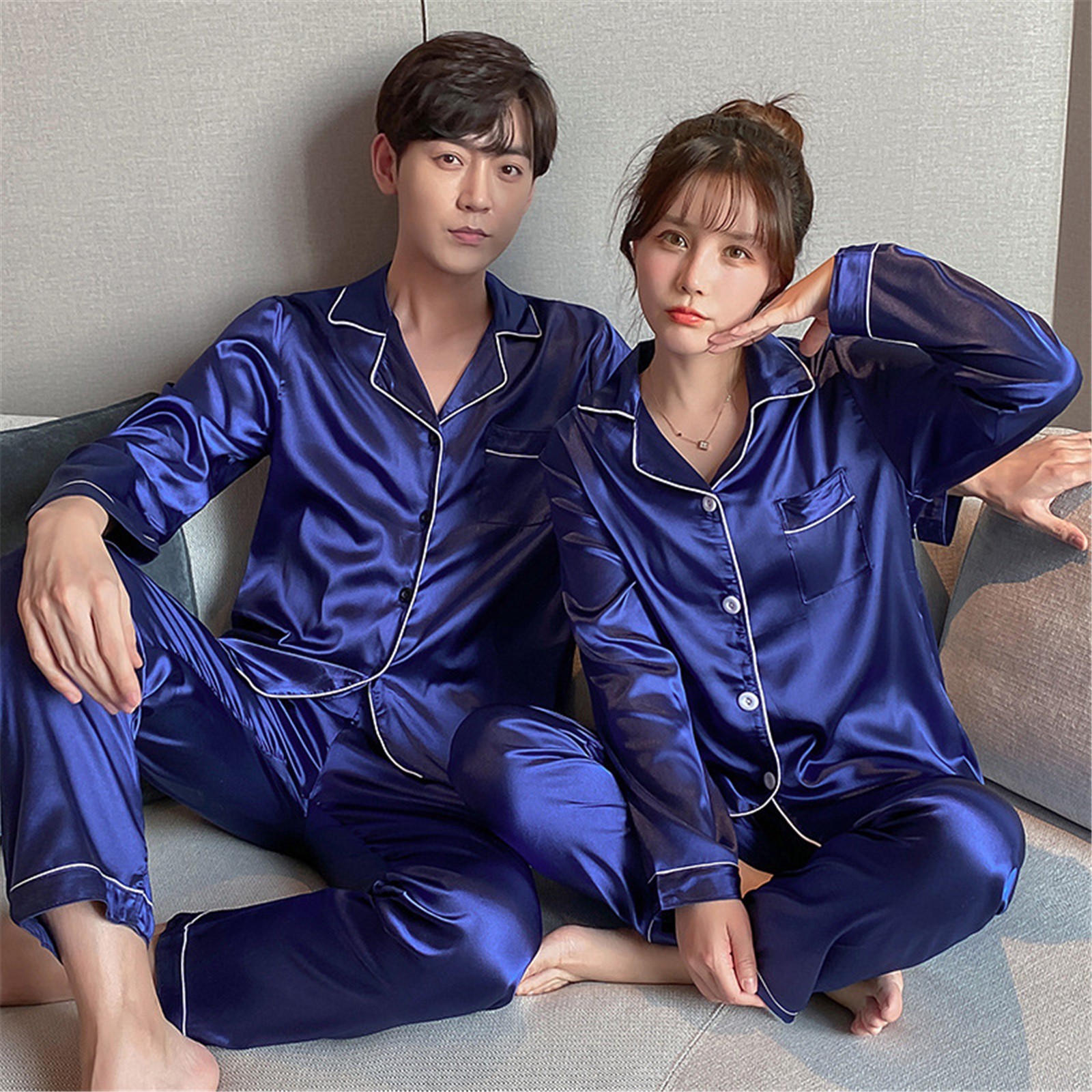 Ensemble de pyjama en satin à manches longues pour couple, vêtements de détente pour hommes, vêtements de nuit pour amoureux, pyjama Pj, grande taille AI0001 – Image 6
