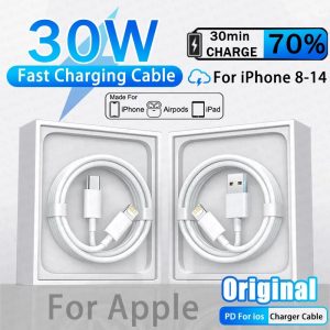 Apple 30W Câble de foudre USB Type C d'origine pour iPhone 14 13 12 11 15 Pro Max X XS XR Mini 7 8 Plus chargeur fil de charge rapide AI0001
