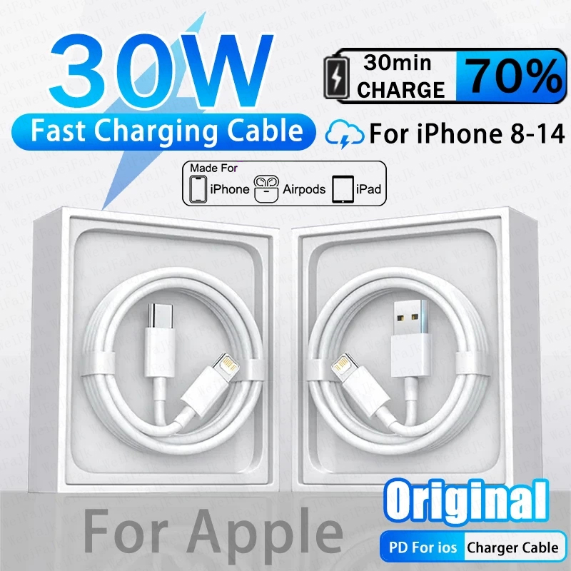 Apple 30W Câble de foudre USB Type C d'origine pour iPhone 14 13 12 11 15 Pro Max X XS XR Mini 7 8 Plus chargeur fil de charge rapide AI0001