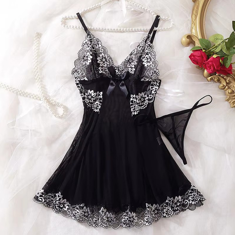 Ensemble pyjama en dentelle pour femmes, vêtements de nuit, nuisette, robe transparente, lingerie sexy, chemise de nuit chaude AI0001 – Image 5