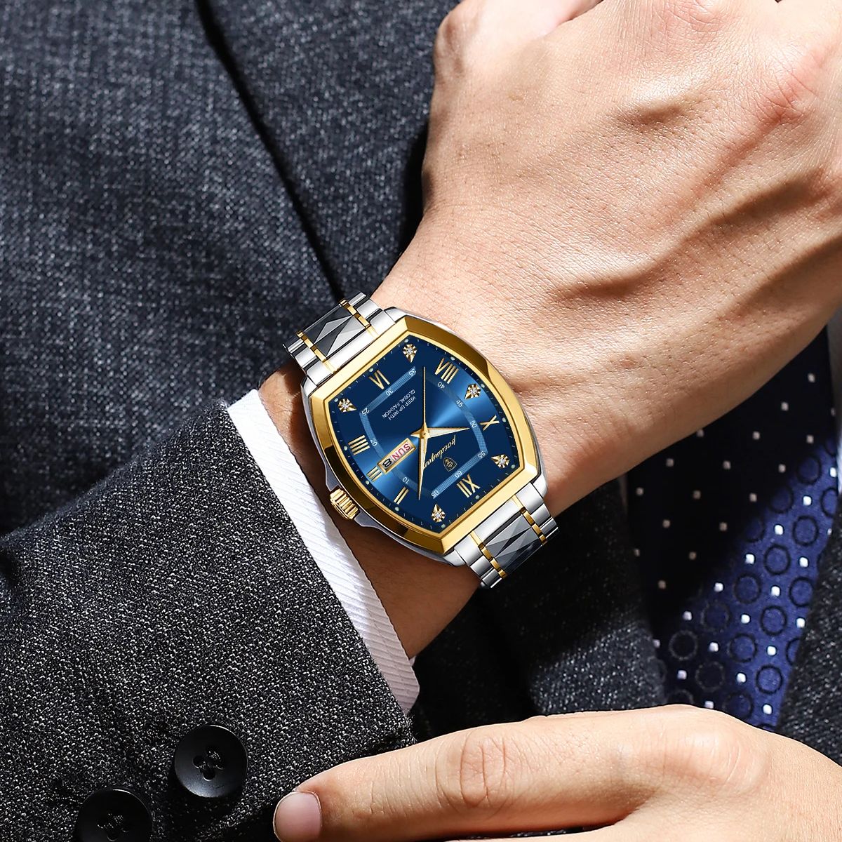 POEDAGAR-Montre de Luxe en Acier Inoxydable pour Homme, Étanche, Boîtier Tonneau, à Quartz, avec Date et Semaine AI0001 – Image 4