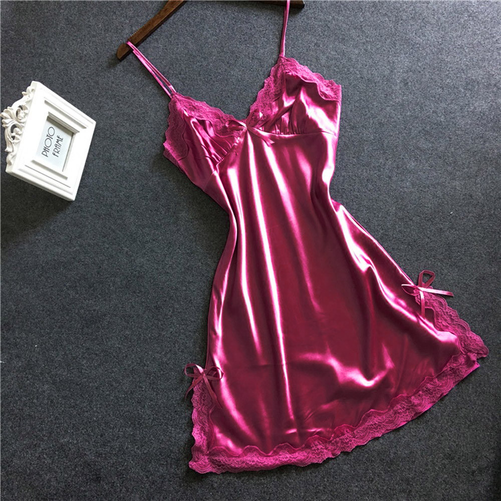 Robe de nuit sexy en dentelle pour femmes, bretelles spaghetti, vêtements de nuit d'été, chemise de nuit en satin, nœud latéral AI0001 – Image 4