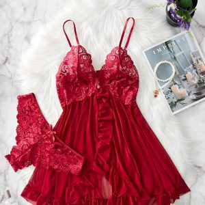 Ensemble de lingerie en dentelle à volants pour femmes, robe à enfiler en V profond et string, lingerie et sous-vêtements sexy pour femmes, abonnés AI0001