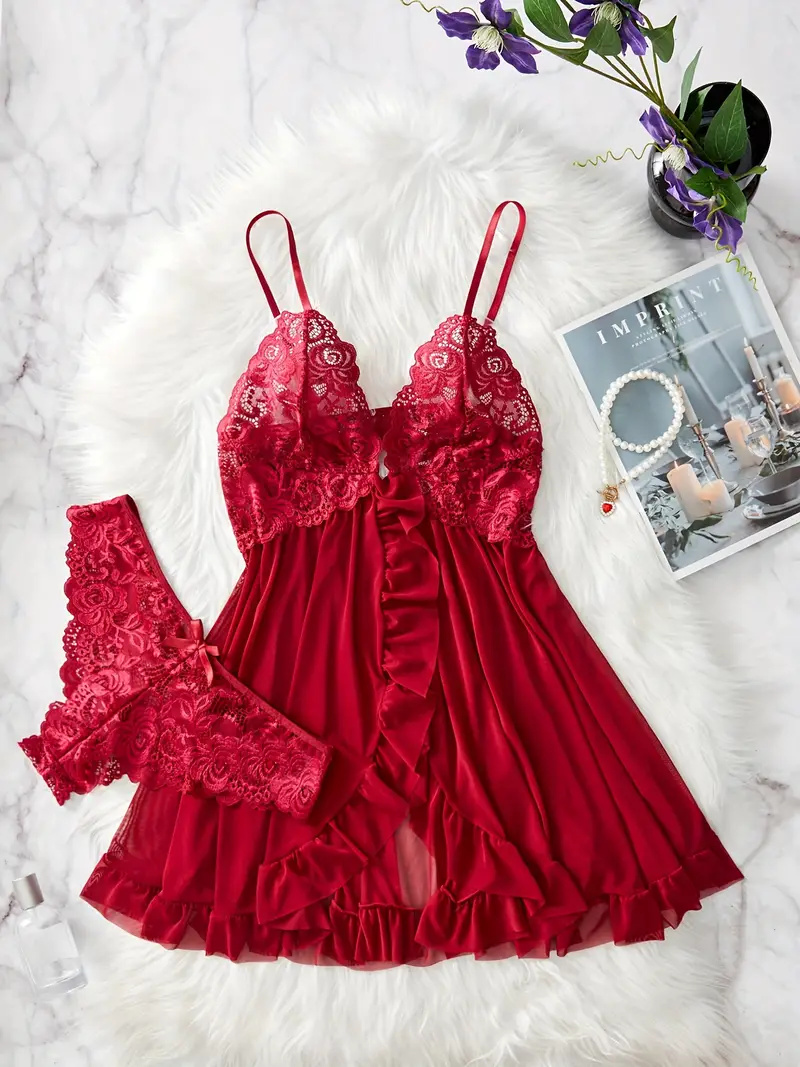 Ensemble de lingerie en dentelle à volants pour femmes, robe à enfiler en V profond et string, lingerie et sous-vêtements sexy pour femmes, abonnés AI0001