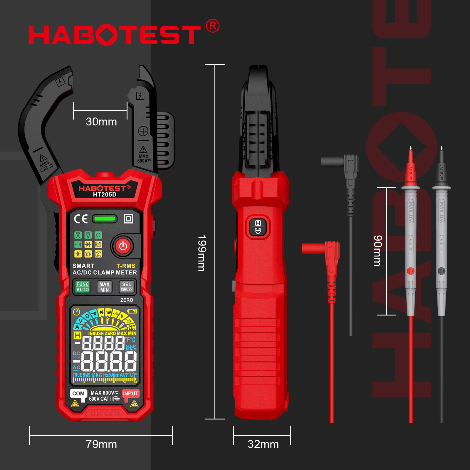 HABOTEST-HT205 Pince ampèremétrique 600A True RMS, courant AC/DC, mesure le courant, la tension, la température, puzzle, itance, testeur Ohm AI0001 – Image 2
