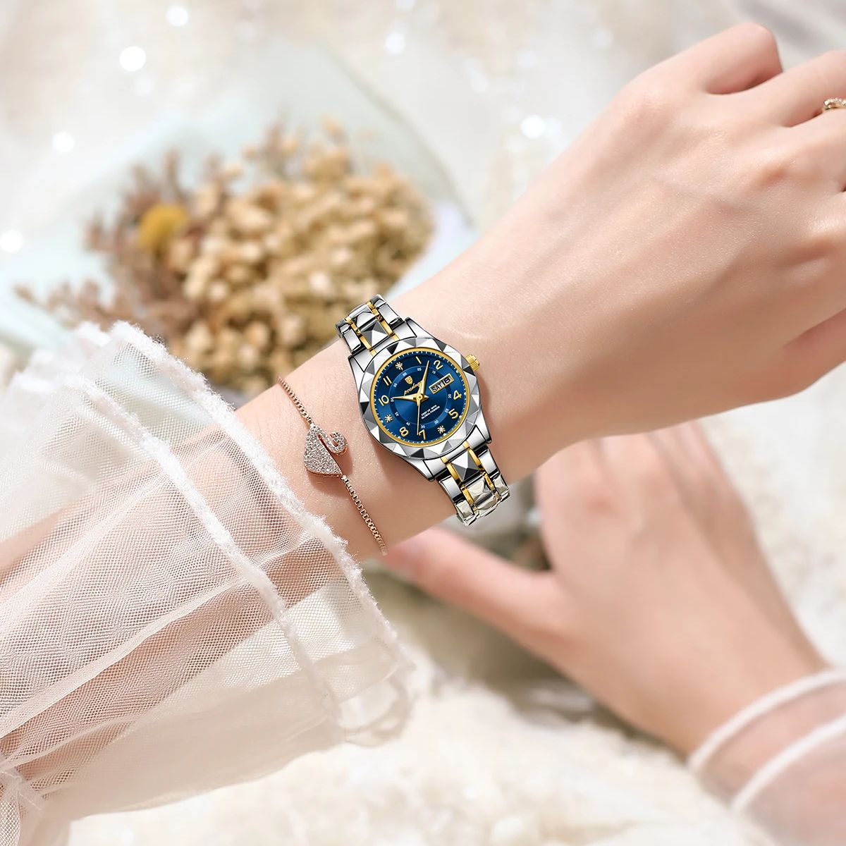 POEDAGAR-Montre habillée en acier inoxydable à quartz pour femme, montres de luxe pour femme, étanche, Shoous, date, semaine AI0001 – Image 3