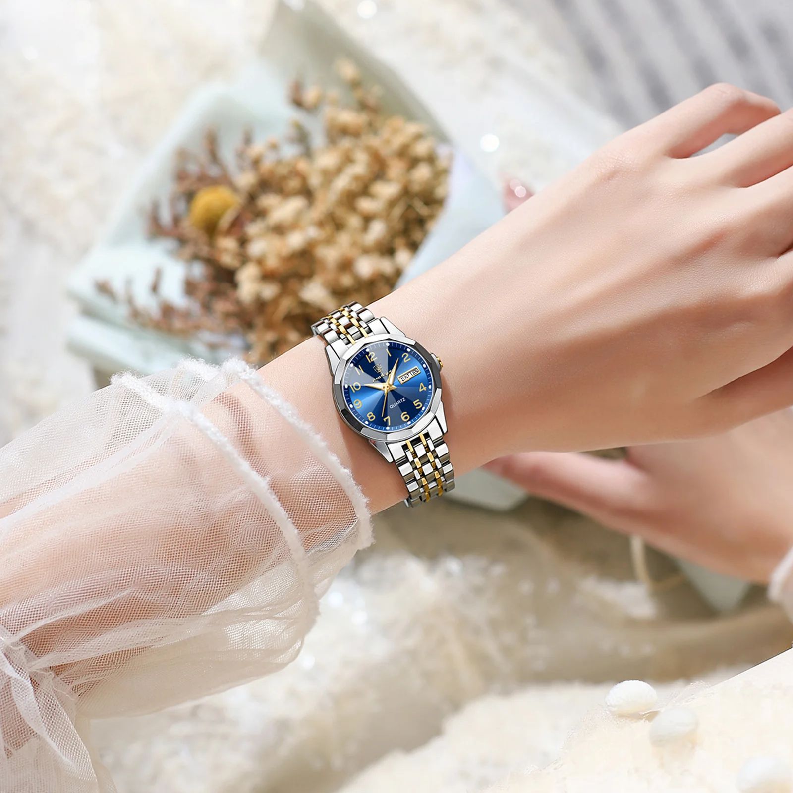 POEDAGAR-Montre-bracelet étanche pour femme, montre à quartz de luxe pour femme, acier inoxydable, date et semaine Shoous AI0001 – Image 2
