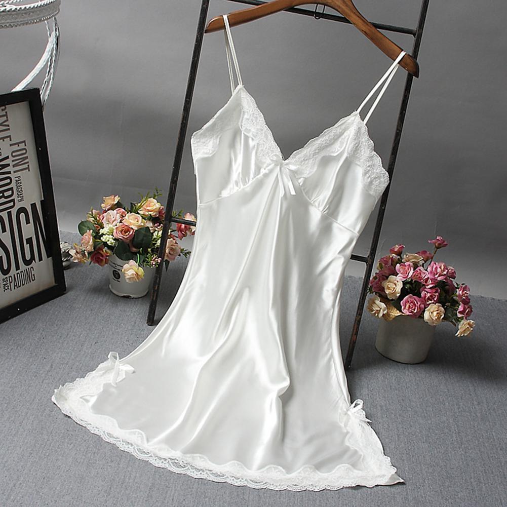 Robe de nuit en Satin pour femmes, couleur unie, col en V, bretelles Spaghetti, dos nu, sans manches, dentelle, Patchwork, vêtement AI0001 – Image 5