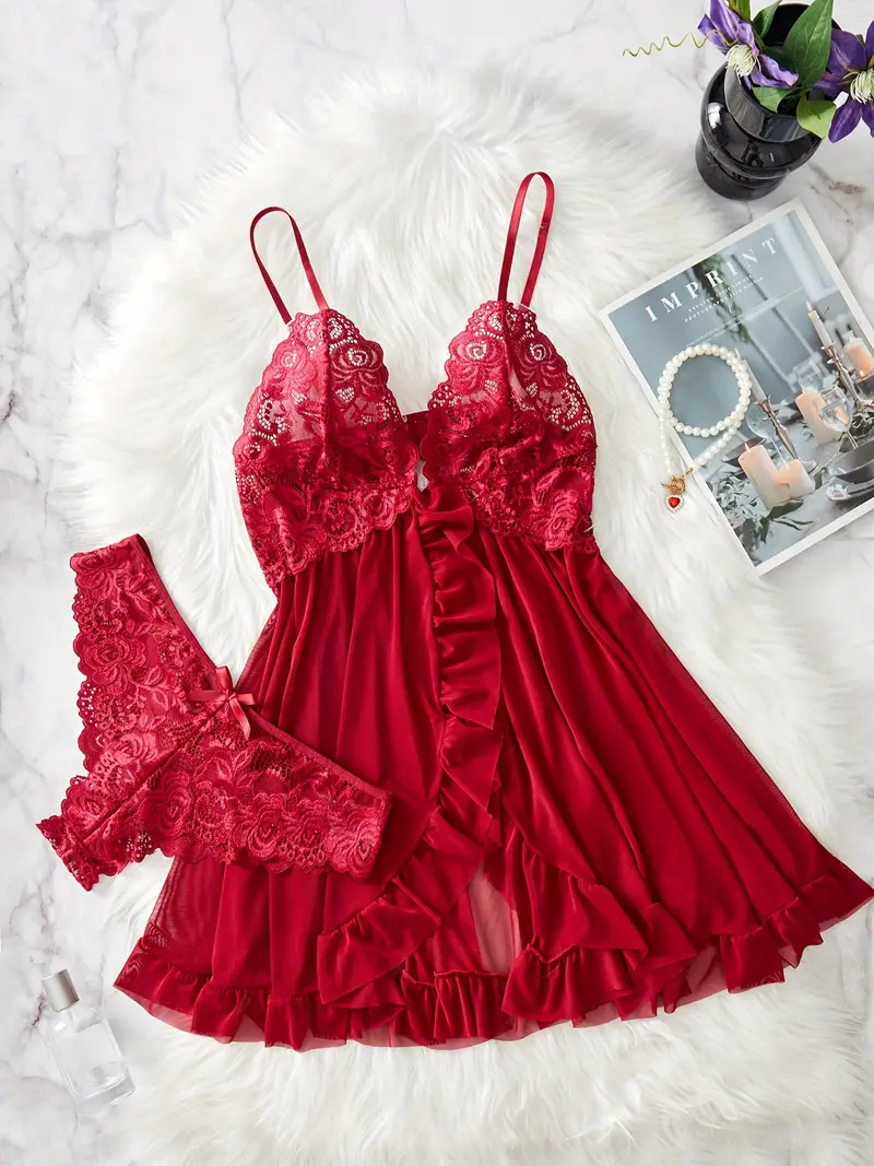Ensemble de lingerie en dentelle à volants pour femmes, robe à enfiler en V profond et string, lingerie et sous-vêtements sexy pour femmes, abonnés AI0001 – Image 3