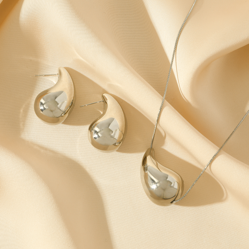 GANEMLY SION L-Ensemble collier et boucles d'oreilles en acier inoxydable pour femme, bijoux à breloques étanches, goutte d'eau creuse, carillon, or, document Bergame AI0001 – Image 3