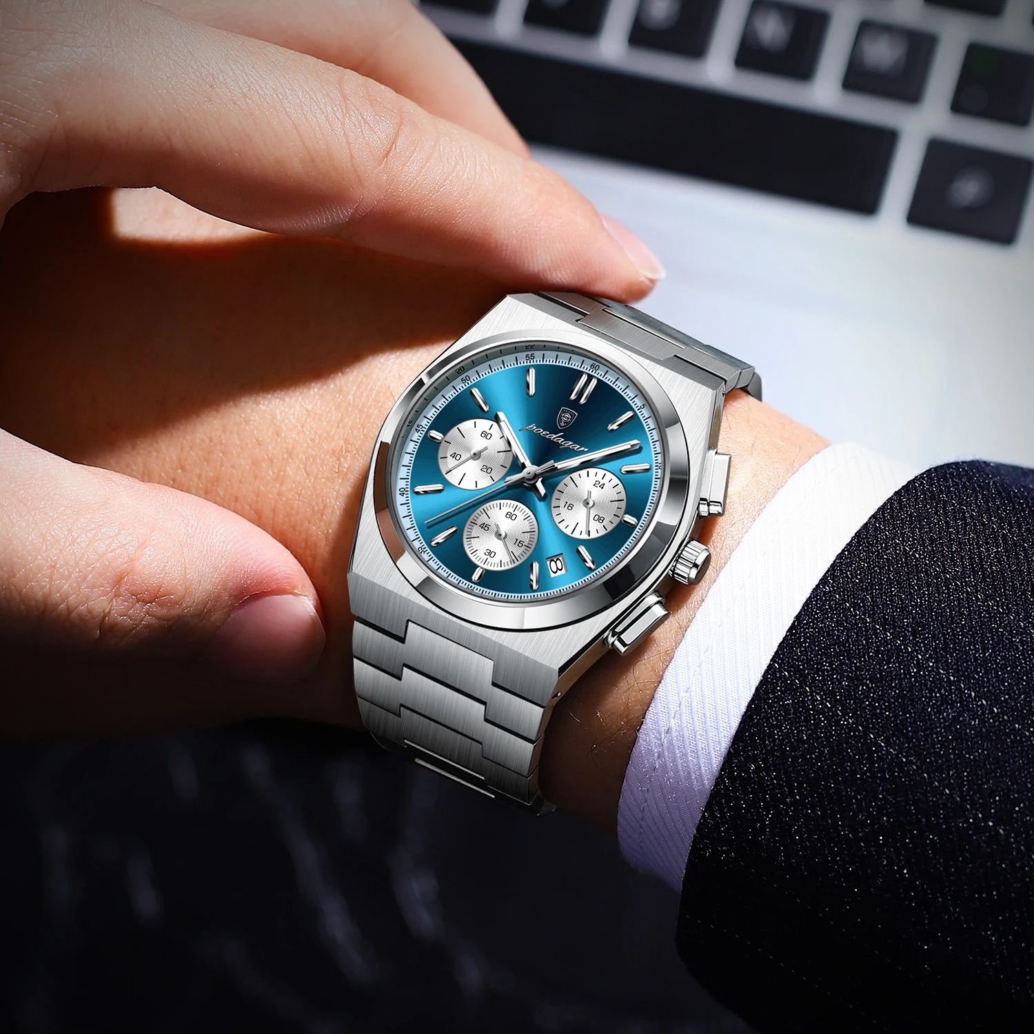POEDAGAR-Montre à Quartz de Luxe pour Homme, dehors, Militaire, Étanche, Shoous, Date, Chronographe, Acier Inoxydable AI0001 – Image 3