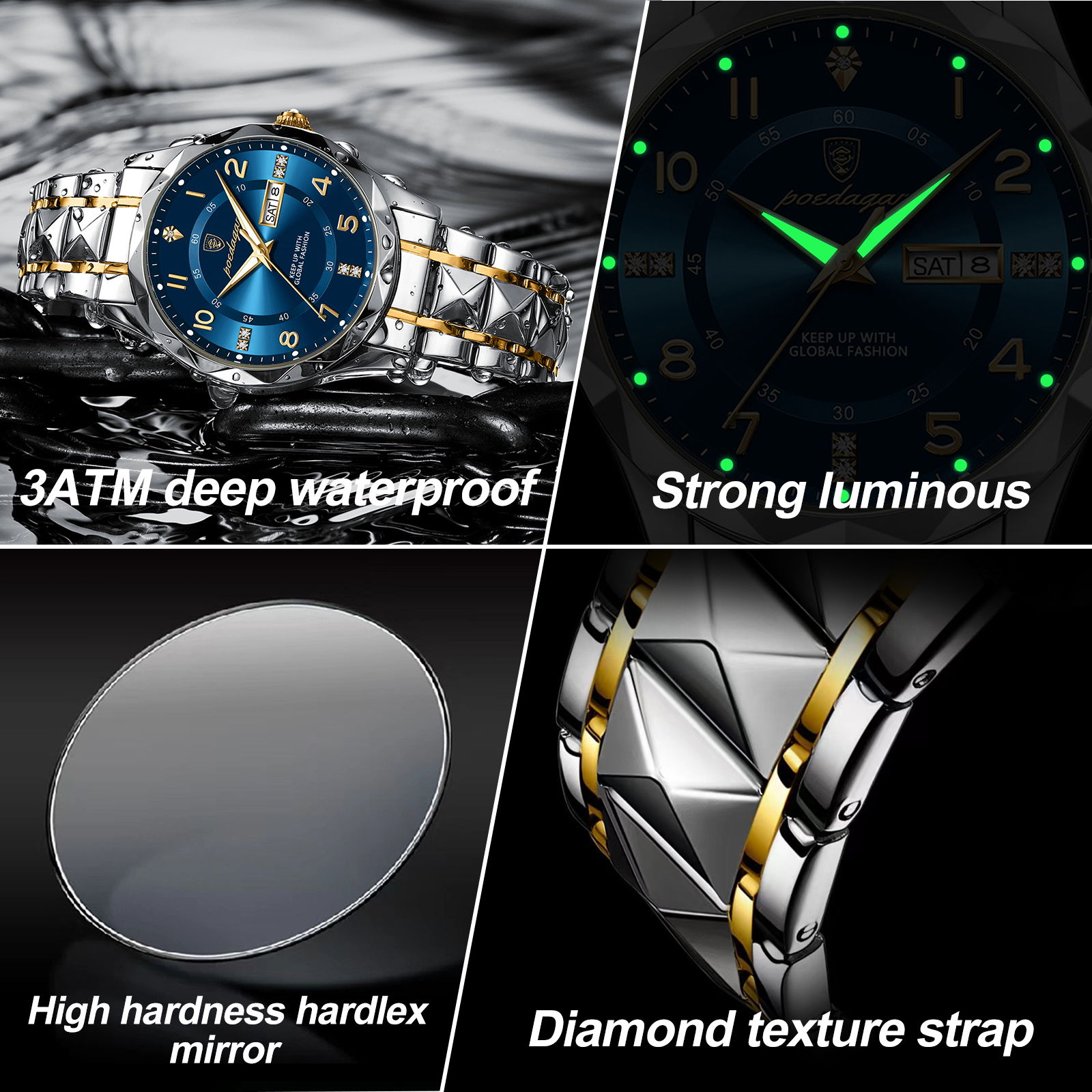 POEDAGAR-Montre-Bracelet de Luxe en Acier Inoxydable pour Homme, Étanche, Date Semaine, dehors, Quartz, avec Boîte AI0001 – Image 4