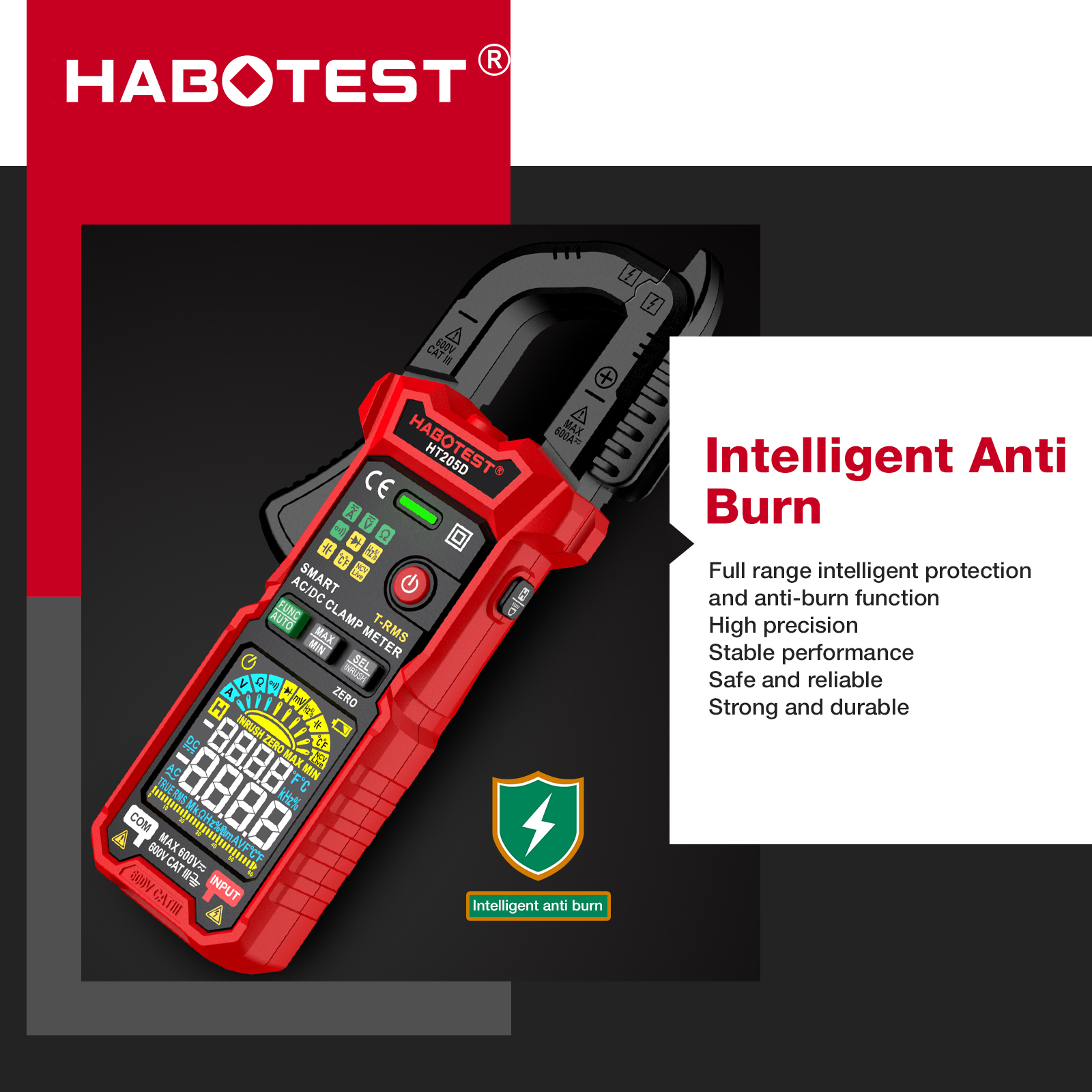 HABOTEST-HT205 Pince ampèremétrique 600A True RMS, courant AC/DC, mesure le courant, la tension, la température, puzzle, itance, testeur Ohm AI0001 – Image 5
