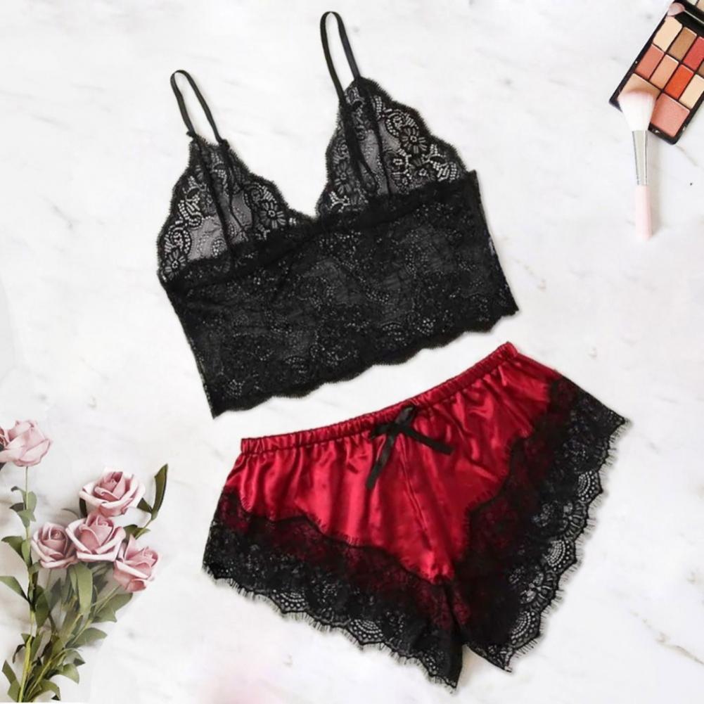 Pyjama Sexy en Dentelle Transparente pour Femme, Noir, Rose, Vêtements Mignons, Confortable, Respirant, Ensemble Short à Bretelles, Nouvelle Collection Été 2024, 2 Pièces AI0001 – Image 2