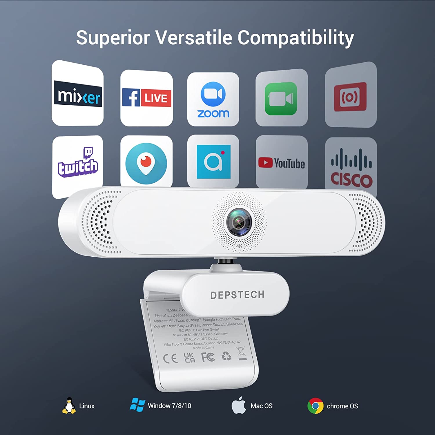 DEPSTacétone-Webcam DW49 4K pour PC, avec Microphone Antibruit, Couvercle de Confidentialité, Trépied, USB, pour Ordinateur de Bureau AI0001 – Image 6