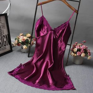 Robe de nuit en Satin pour femmes, couleur unie, col en V, bretelles Spaghetti, dos nu, sans manches, dentelle, Patchwork, vêtement AI0001