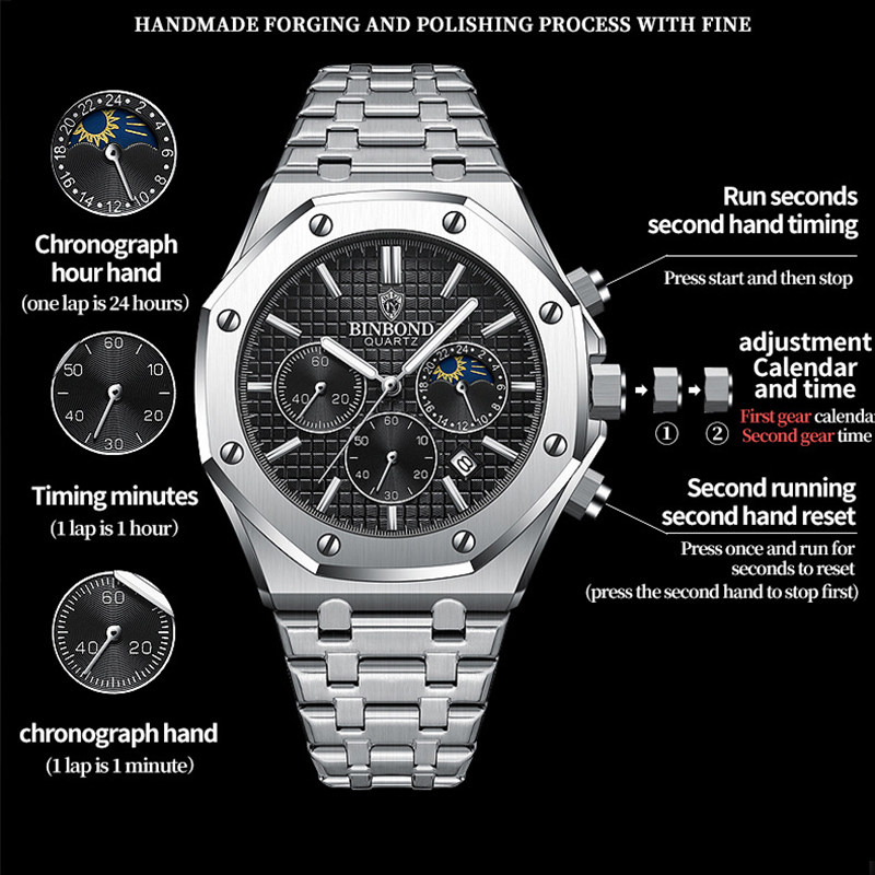 Montre à Quartz en Acier Inoxydable pour Homme, Marque de Luxe, Argent, Mode d'Affaires, Phase de Lune, Chronographe, Horloge Multifonctionnelle AI0001 – Image 6