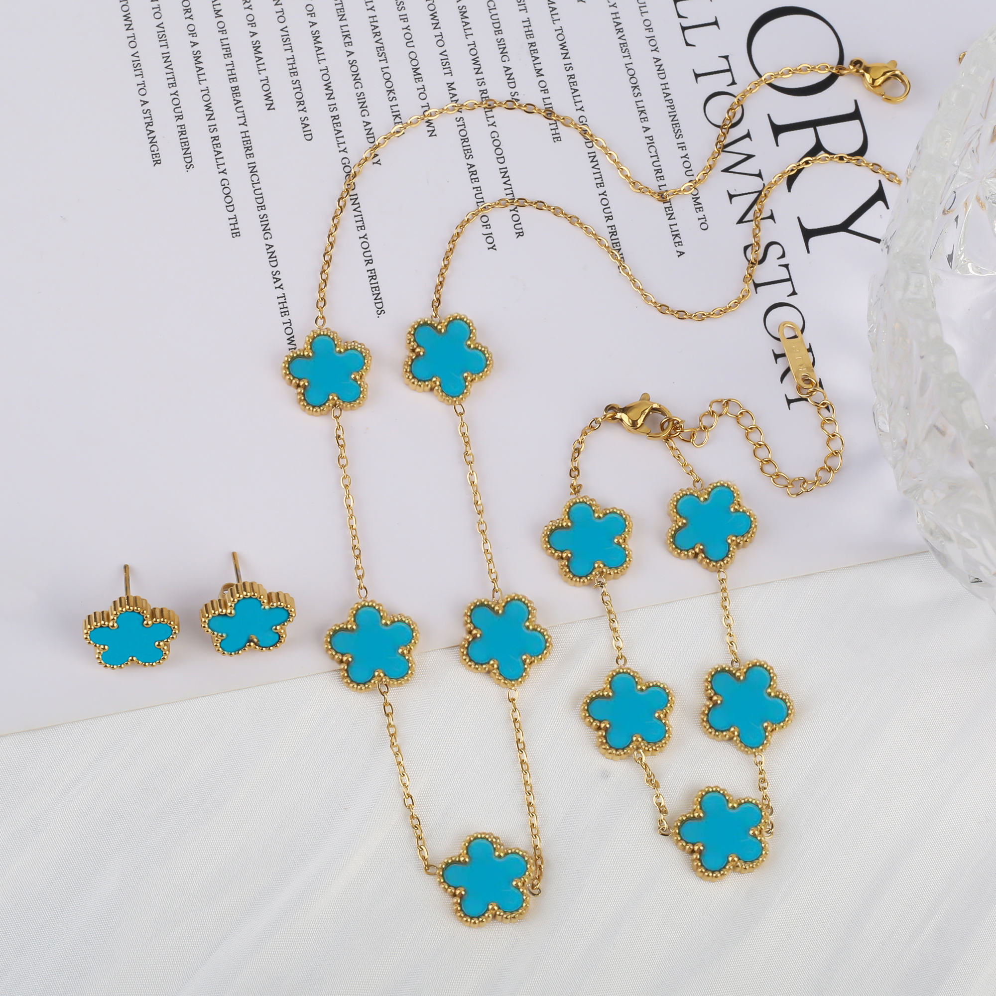 Everver-Ensemble de bijoux en acier inoxydable pour femme, cinq fleurs du cuir chevelu, bracelet, collier, boucles d'oreilles, luxe, haute qualité, cadeau de fête AI0001 – Image 6