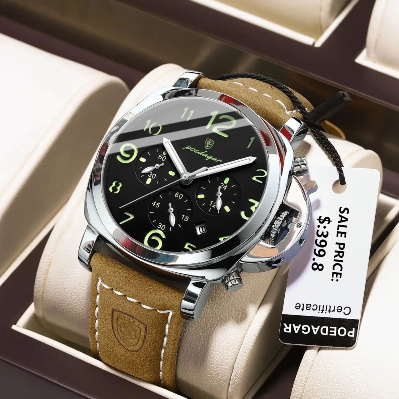 POEDAGAR-Montre Militaire de Luxe pour Homme, en Cuir Shoe, Étanche, à Quartz, de Haute Qualité, de dehors AI0001