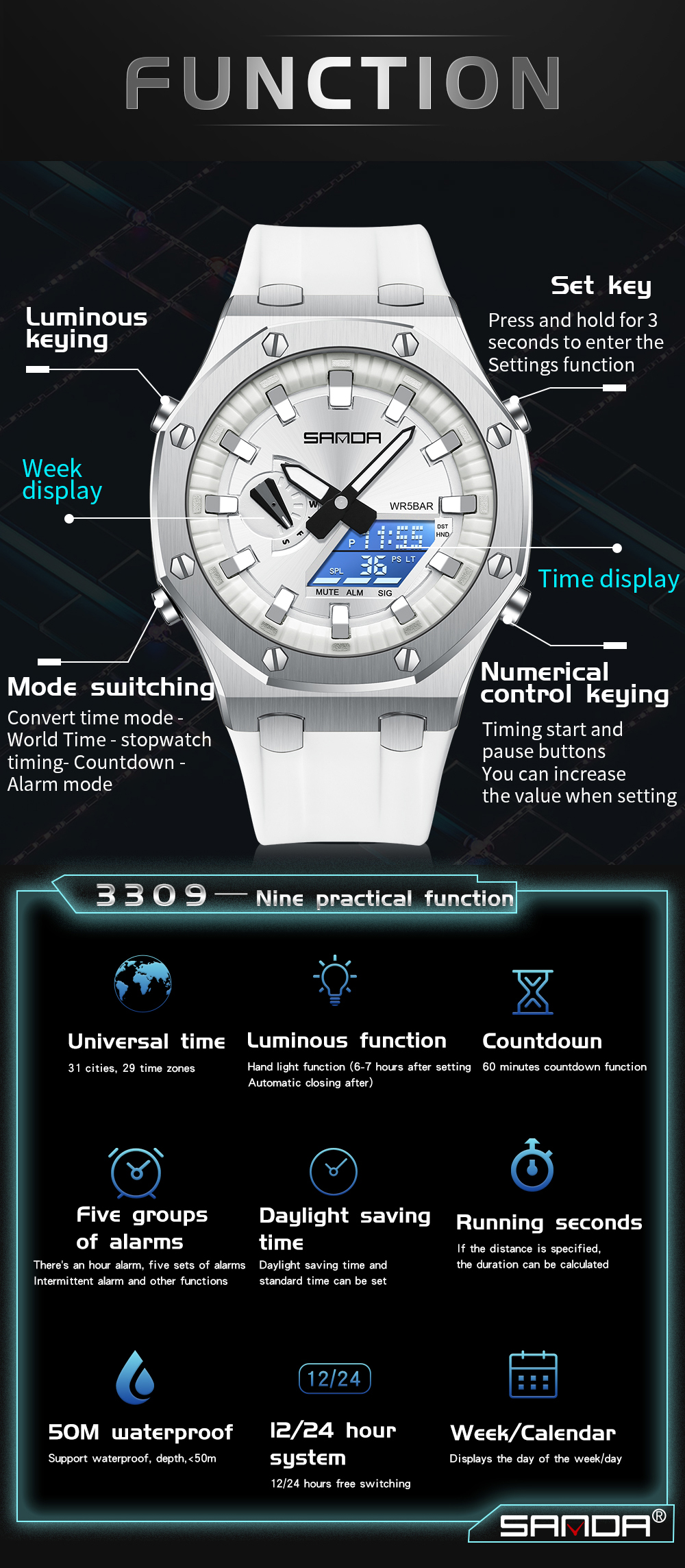 SANDA-Montre numérique de sport militaire pour homme, montres-bracelets électroniques étanches, horloge masculine, antichoc, style 3309 AI0001 – Image 5
