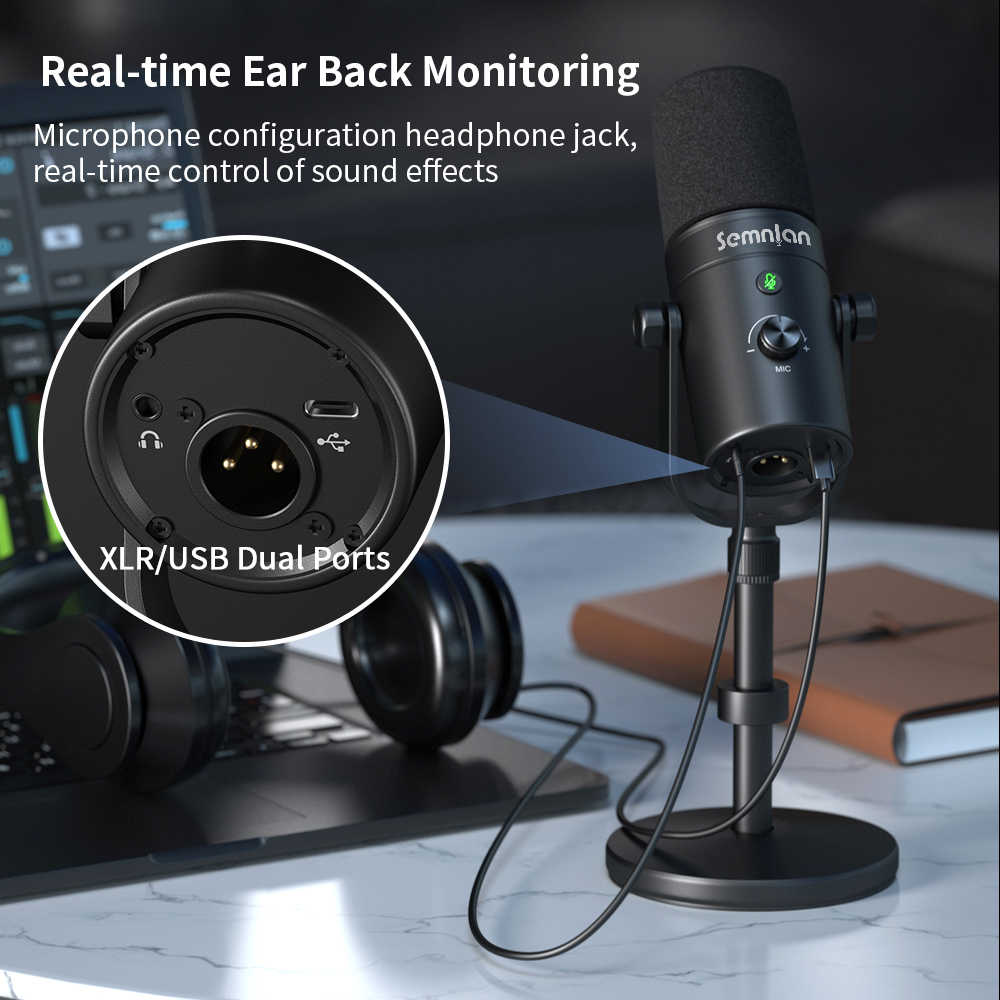 SEMNLAN-Microphone dynamique XLR/USB, jeu en ligne, streaming, podcast en direct, PC, chanson, téléphone, statique, prometteur, studio vidéo RVB, micro MK-8 AI0001 – Image 6