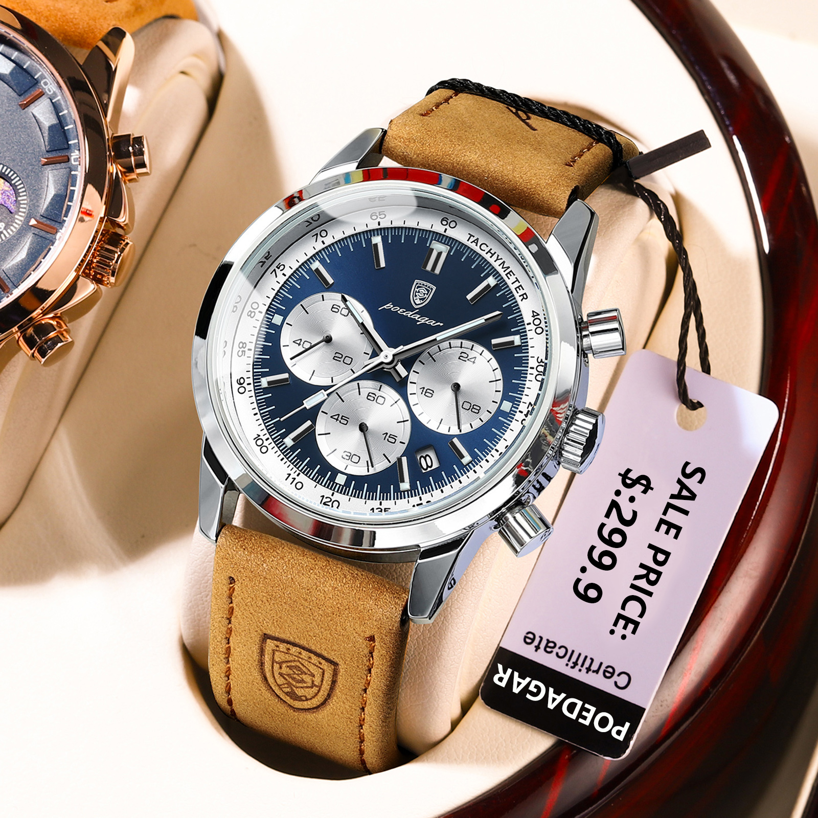 POEDAGAR-Montre-bracelet en cuir à quartz étanche pour homme, chronographe Shoous Date, montres pour homme, marque supérieure, luxe AI0001 – Image 4