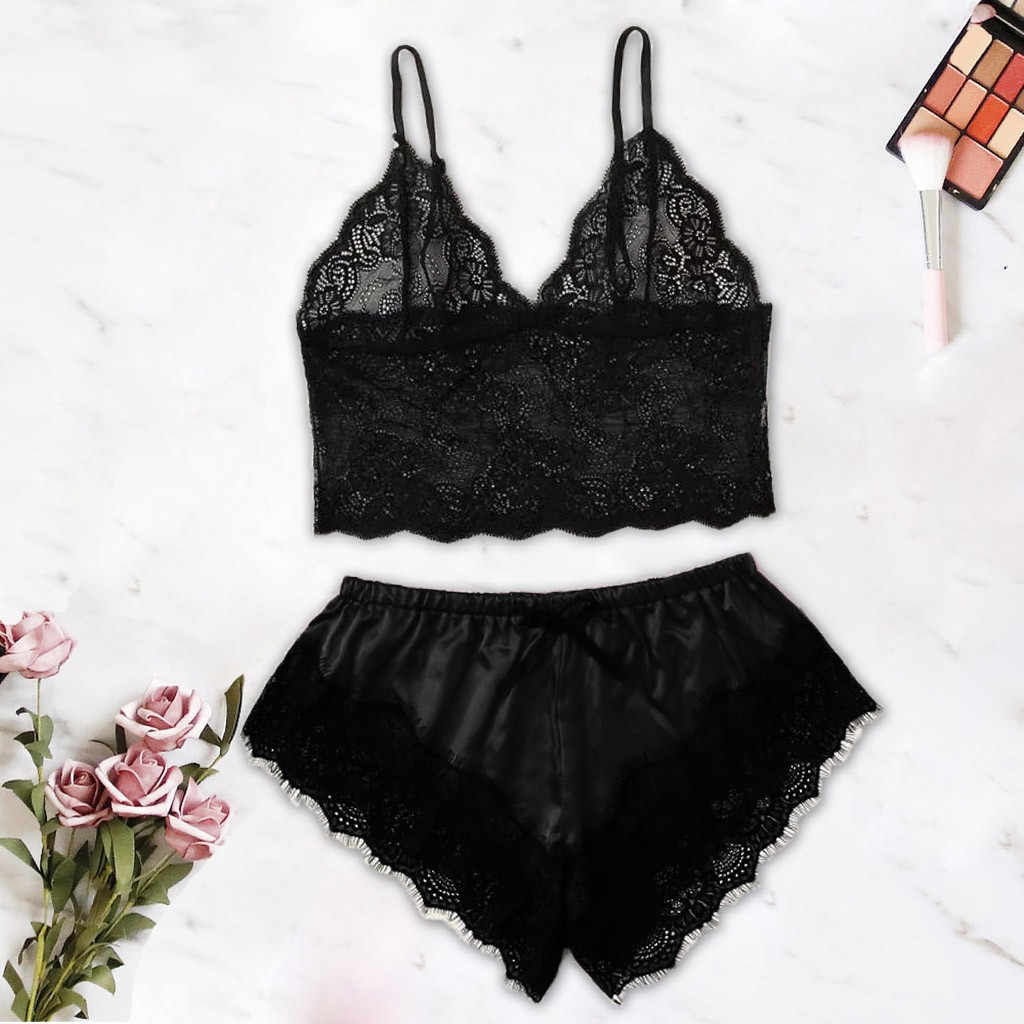 Ensemble de pyjama en dentelle satinée pour femme, caraco à col en V, short à nœud papillon, vêtements de nuit, lingerie douce, sous-vêtements sexy en fibre, Y-Suspender AI0001 – Image 5
