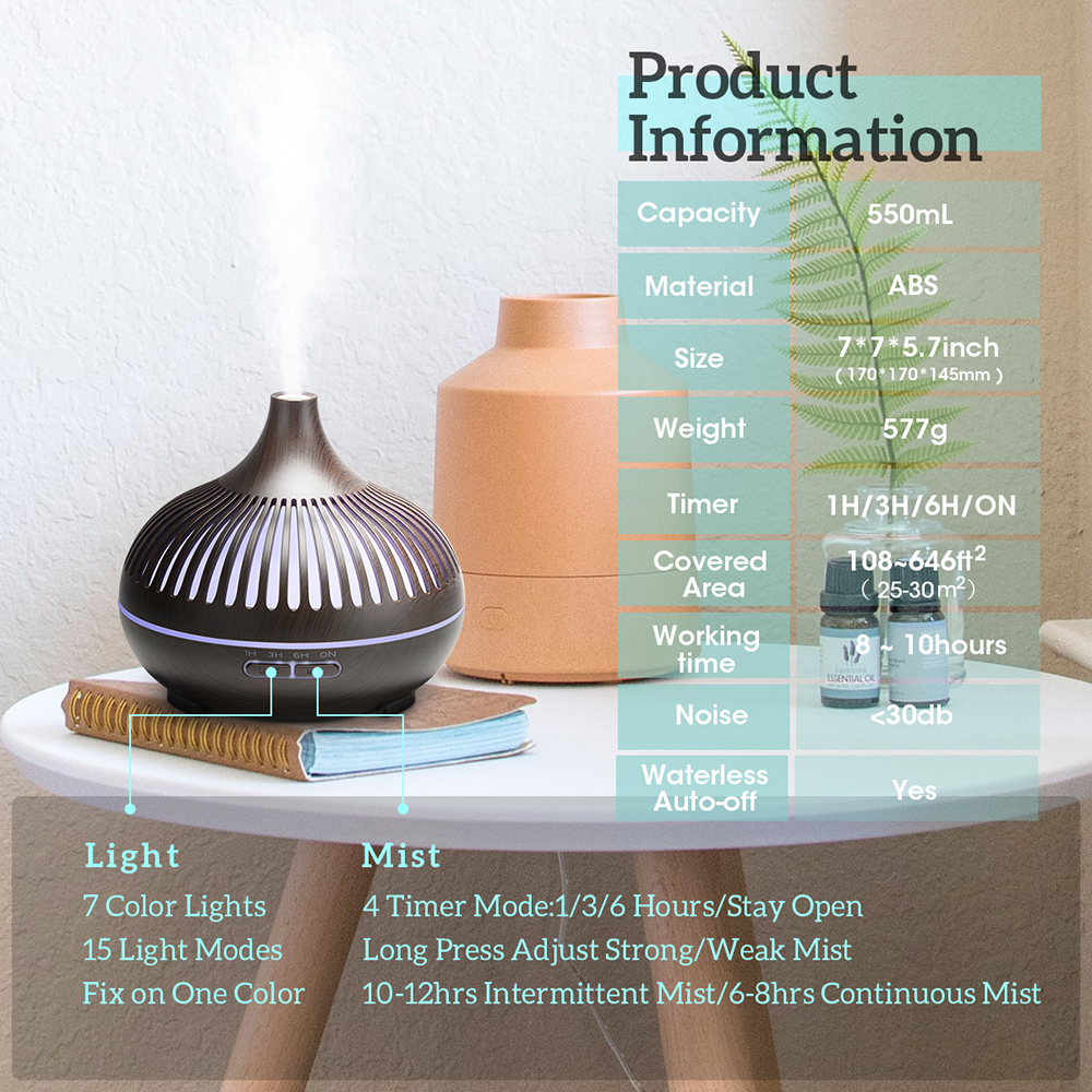 Diffuseur d'huiles essentielles d'aromathérapie, humidificateur d'air à ultrasons, télécommande Wood Mars, frais avec 7 lumières LED pour documents, 500ml AI0001 – Image 3