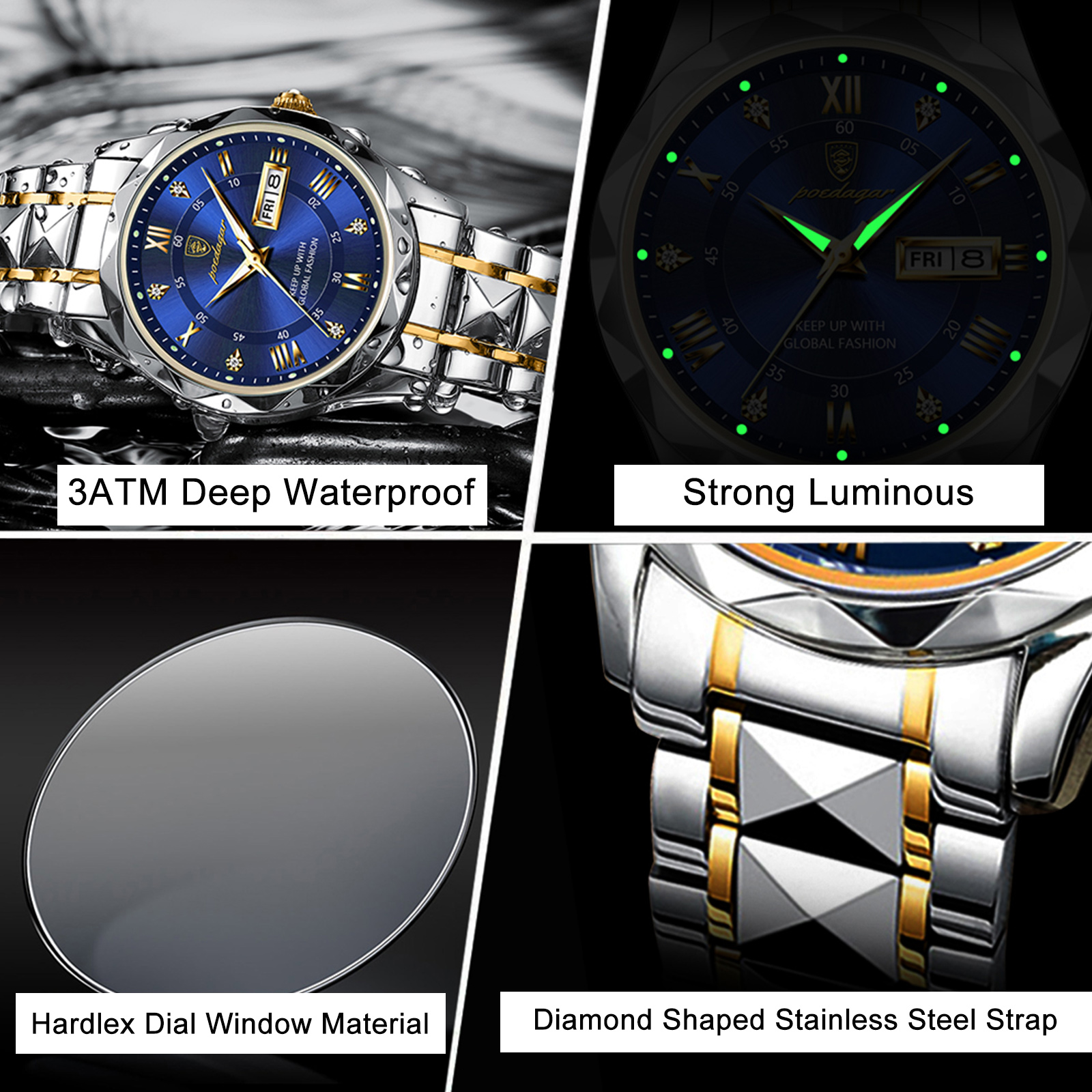 POEDAGAR-Montre à Quartz de Luxe pour Homme, Accessoire de dehors Étanche, en Acier Inoxydable, avec Date et Semaine AI0001 – Image 4