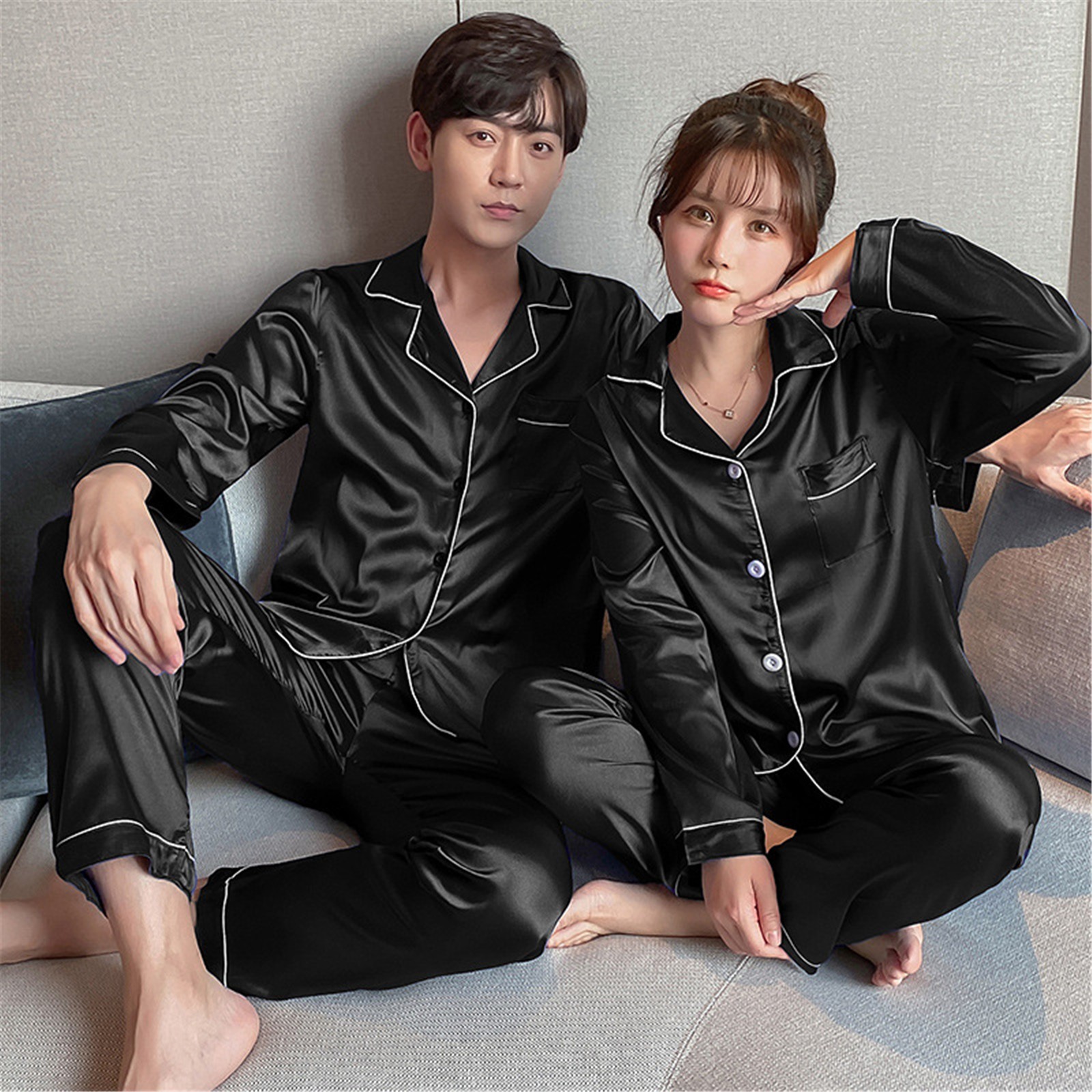 Ensemble de pyjama en satin à manches longues pour couple, vêtements de détente pour hommes, vêtements de nuit pour amoureux, pyjama Pj, grande taille AI0001 – Image 7