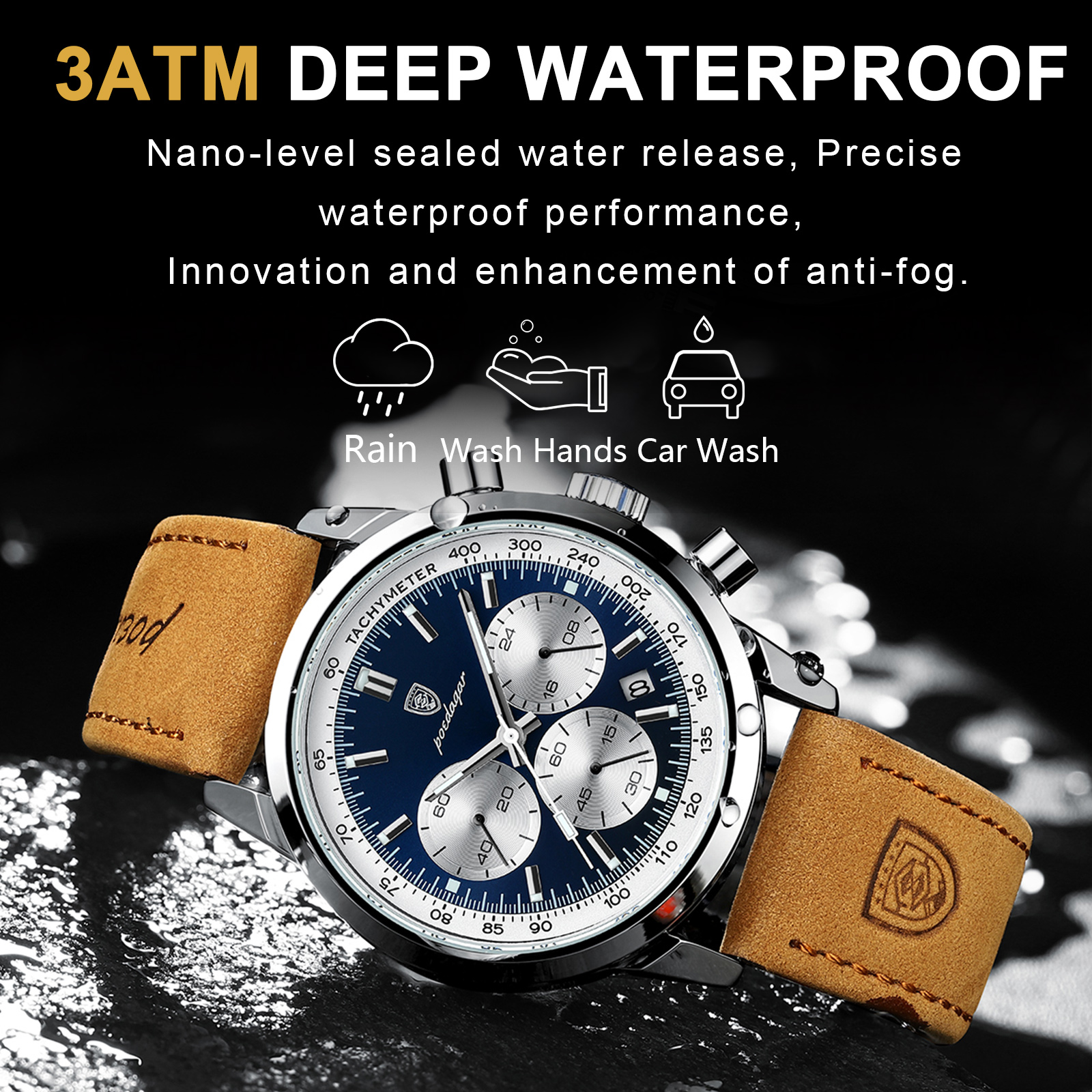 POEDAGAR-Montre-bracelet en cuir à quartz étanche pour homme, chronographe Shoous Date, montres pour homme, marque supérieure, luxe AI0001 – Image 6