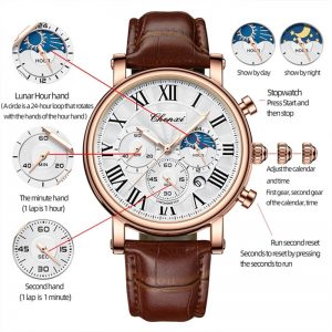 CHENghts-Montre-bracelet en cuir à quartz pour homme, multifonction, affaires, phase de lune, date, étanche, analogique, importé, Rome, cadran, 973 AI0001