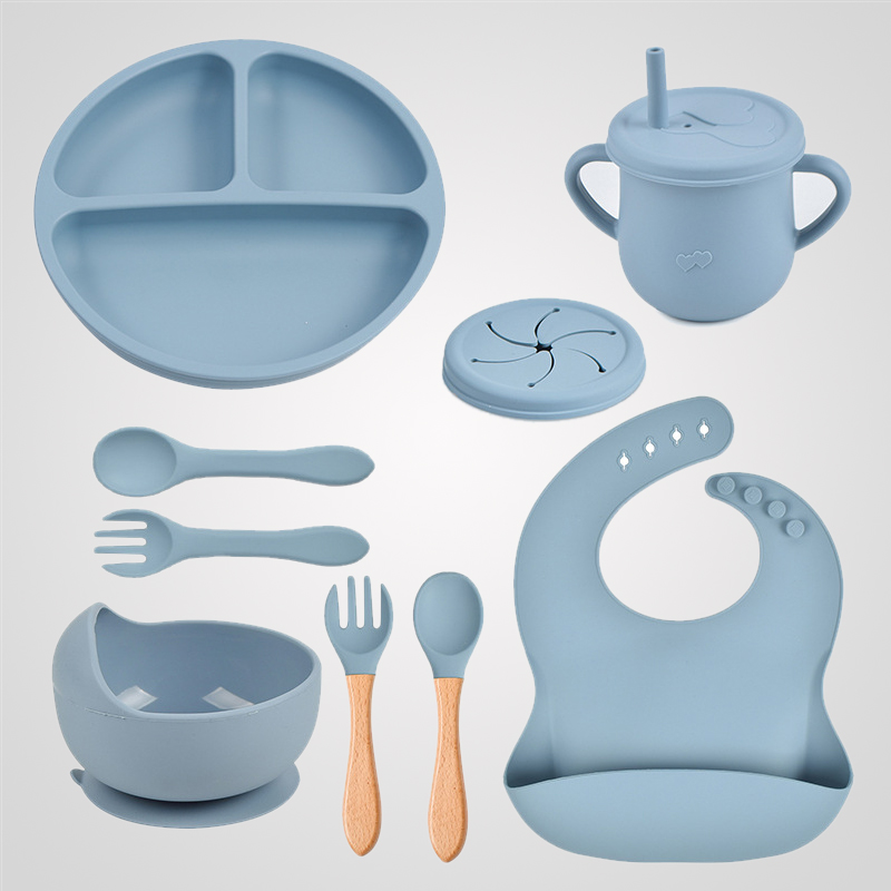 Ensemble d'alimentation en silicone pour bébé, 9 pièces, bol à ventouse, assiette, cuillère, fourchette, bavoir, tasse, non ald AI0001 – Image 2