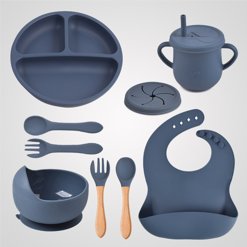Ensemble d'alimentation en silicone pour bébé, 9 pièces, bol à ventouse, assiette, cuillère, fourchette, bavoir, tasse, non ald AI0001 – Image 4