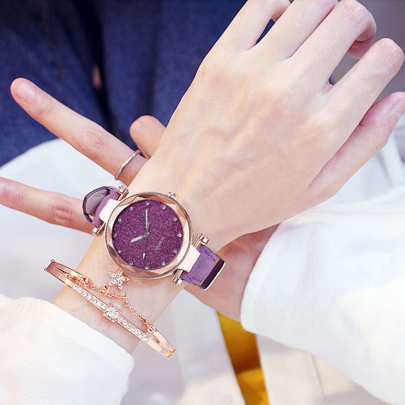 Montre de costume deux pièces avec bracelet en cuir pour dames, poudre d'argent, surface en pierre de kirchen, tendance loisirs AI0001 – Image 4