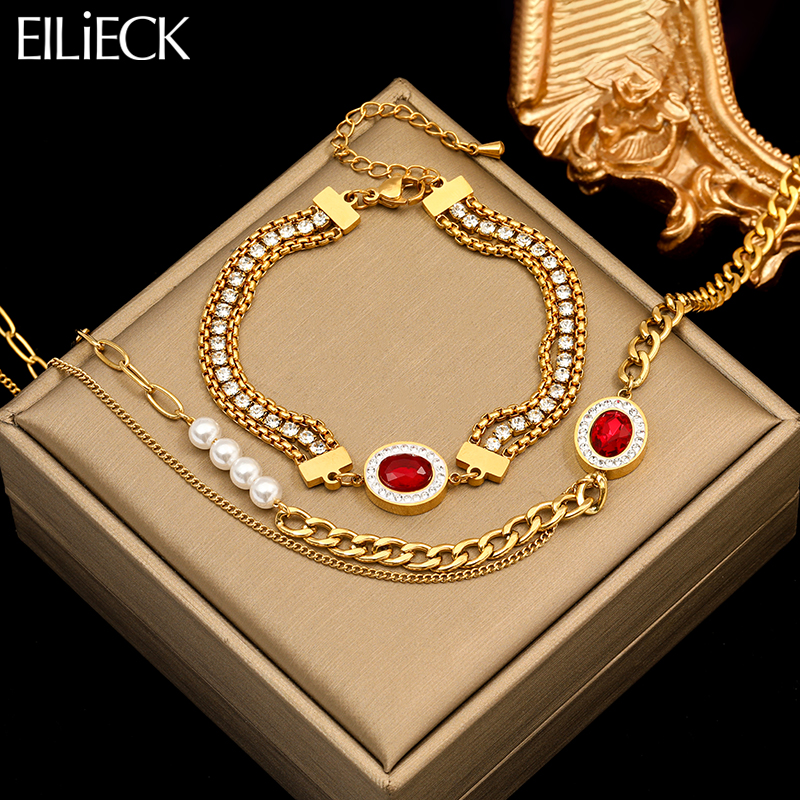 EILIECK SION L-Ensemble de bijoux en acier inoxydable pour femme, collier nar, bracelet en cristal rouge, cadeau d'anniversaire, nouveau AI0001 – Image 7