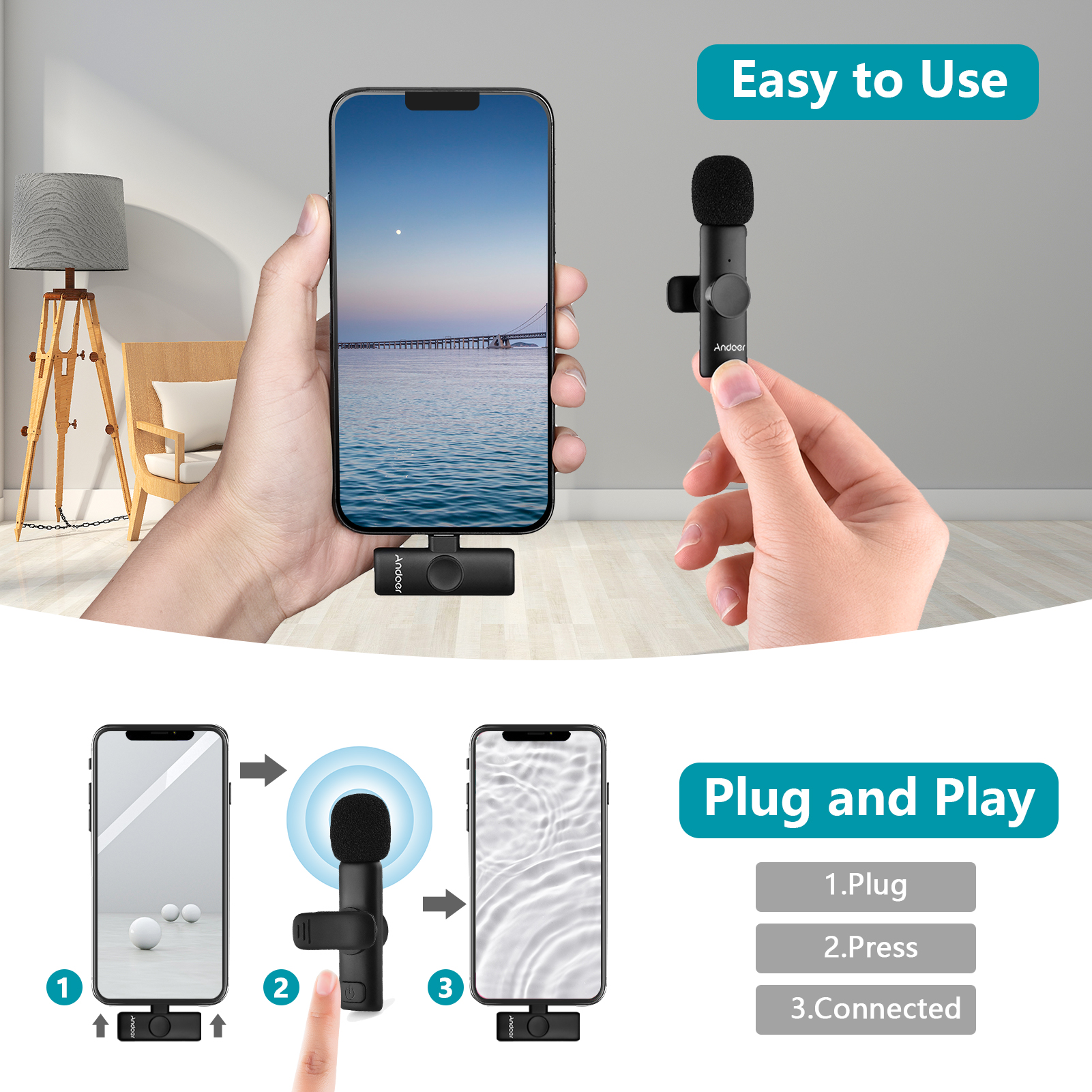Andoer – système de Microphone sans fil 2.4G, micro à Clip, portée de Transmission de 20m, Plug-and-Play, pour téléphone, tablette, Streaming en direct AI0001 – Image 2