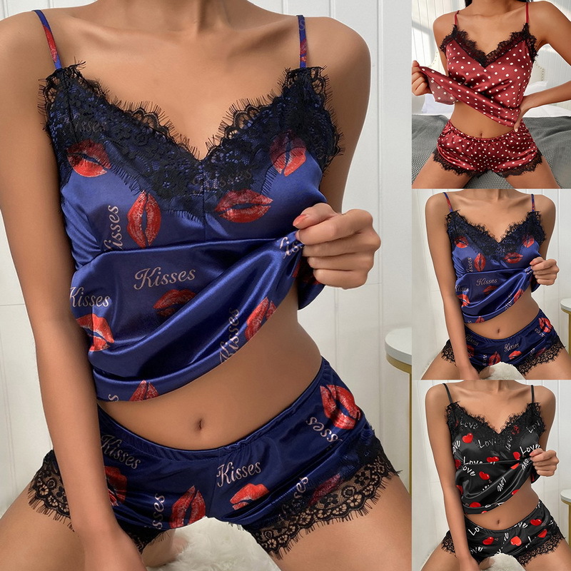 Ensemble pyjama d'été sexy en satin pour femmes, dentelle en V profonde, camisole, vêtements de maison, Y et short, vêtements de nuit pour femme, jupe caraco AI0001