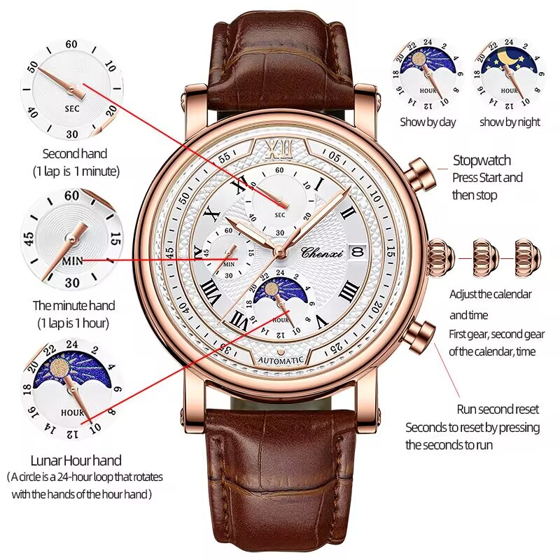 CHENghts-Montre-bracelet en cuir pour homme, chronographe, date, quartz, phase, lune, chronométrage, business, Shoous, 976 AI0001 – Image 6