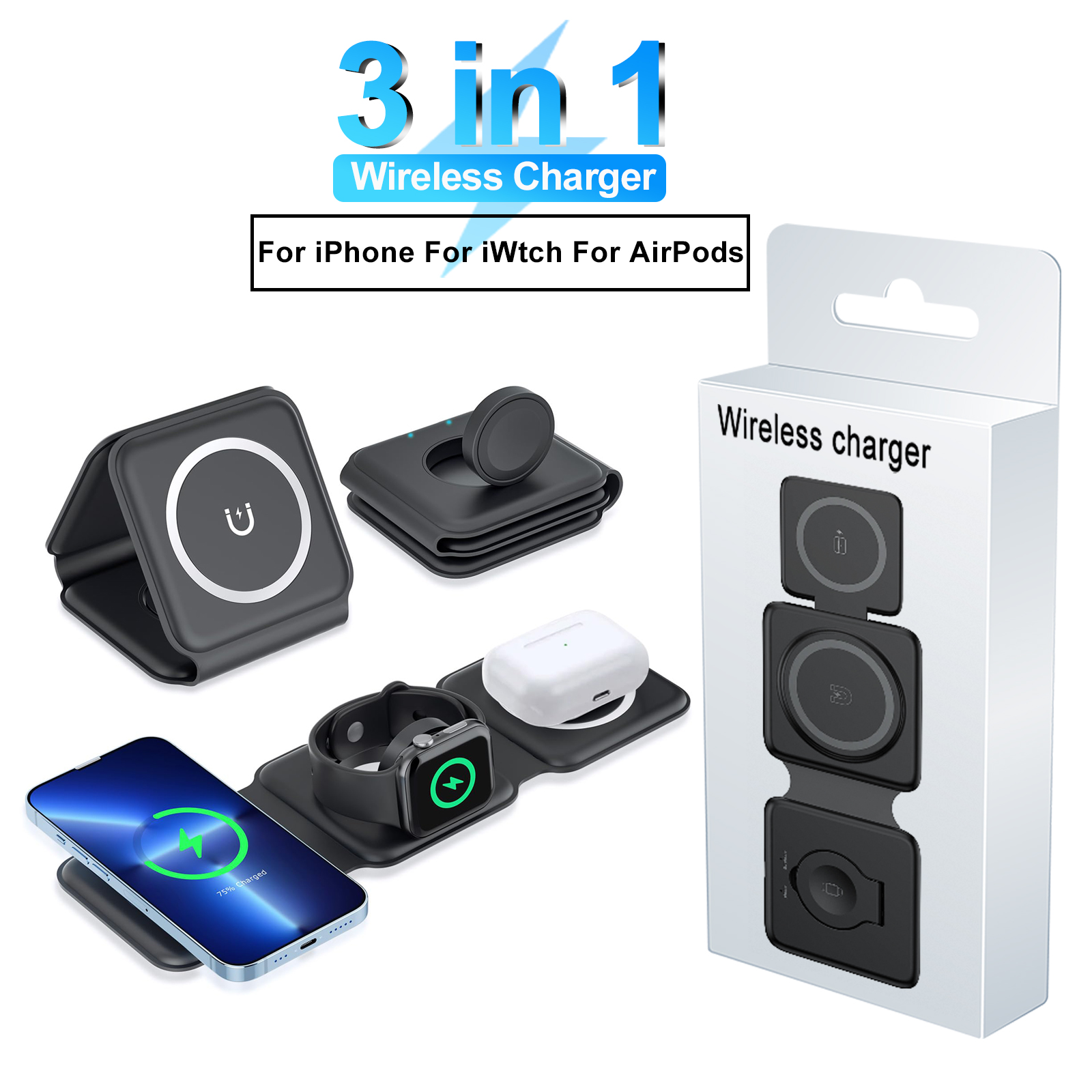 Support de chargeur sans fil 3 en 1, pour iPhone 15 14 13 12 Pro Max, station de charge rapide pliable, pour iWatch 8 7 AirPods Pro AI0001 – Image 7