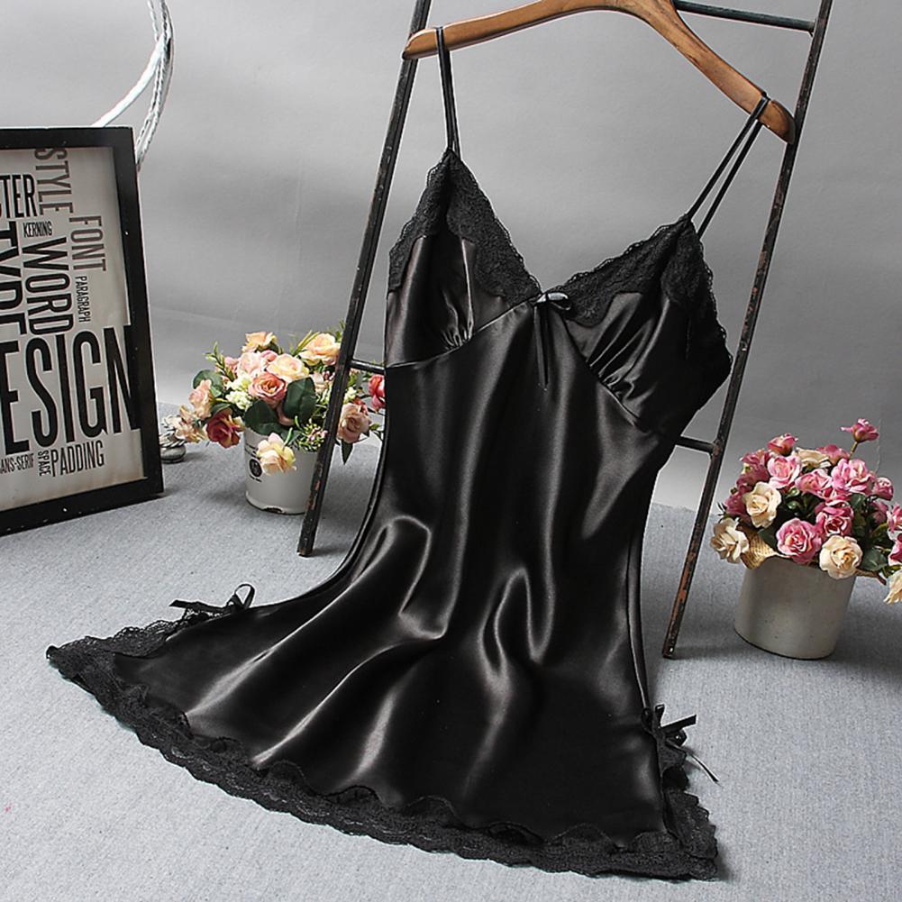 Robe de nuit en Satin pour femmes, couleur unie, col en V, bretelles Spaghetti, dos nu, sans manches, dentelle, Patchwork, vêtement AI0001 – Image 4