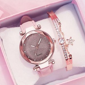 Montre de costume deux pièces avec bracelet en cuir pour dames, poudre d'argent, surface en pierre de kirchen, tendance loisirs AI0001