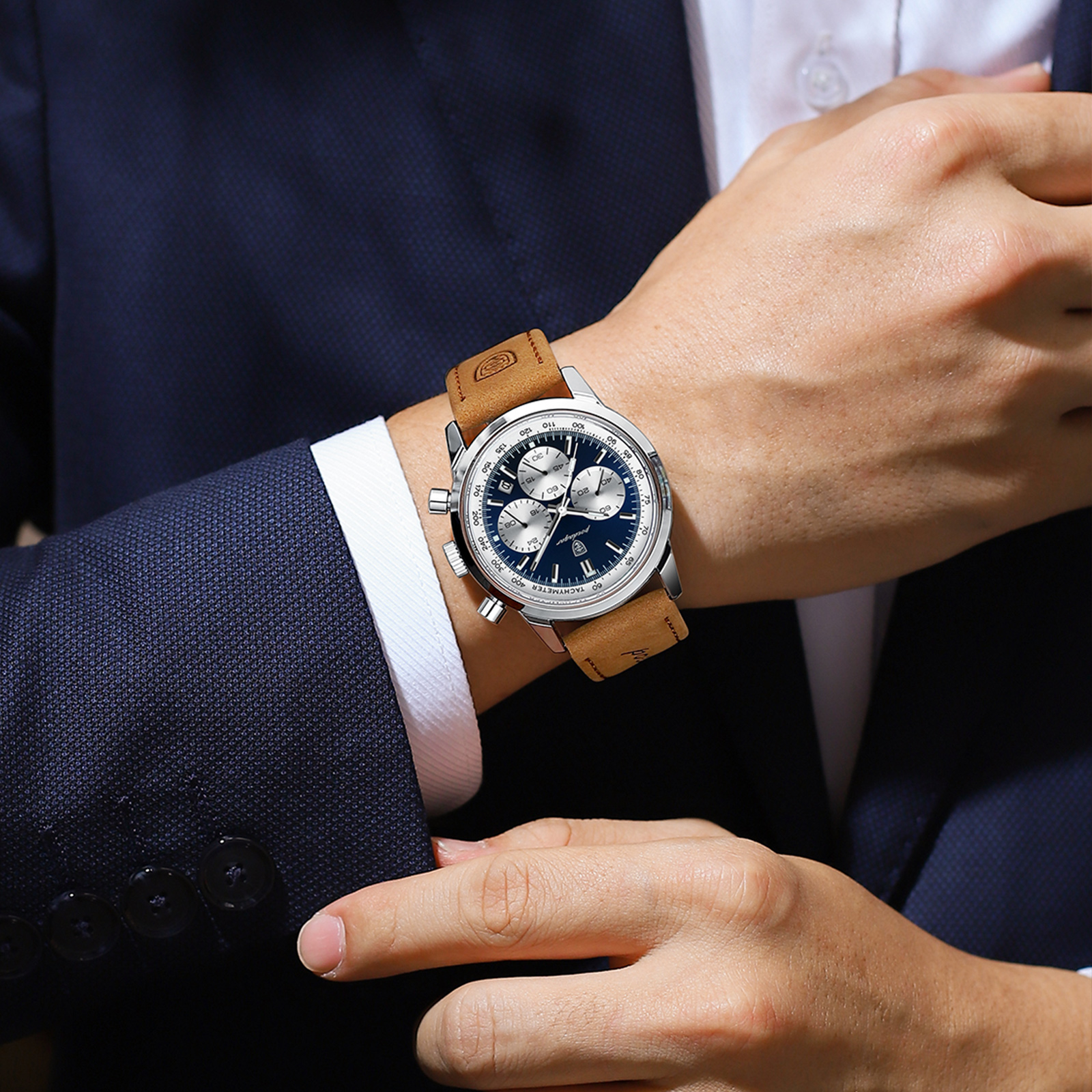 POEDAGAR-Montre-Bracelet de Luxe en Cuir group pour Homme, Accessoire de dehors à Quartz, Chronographe Étanche, Shoous Date AI0001 – Image 3