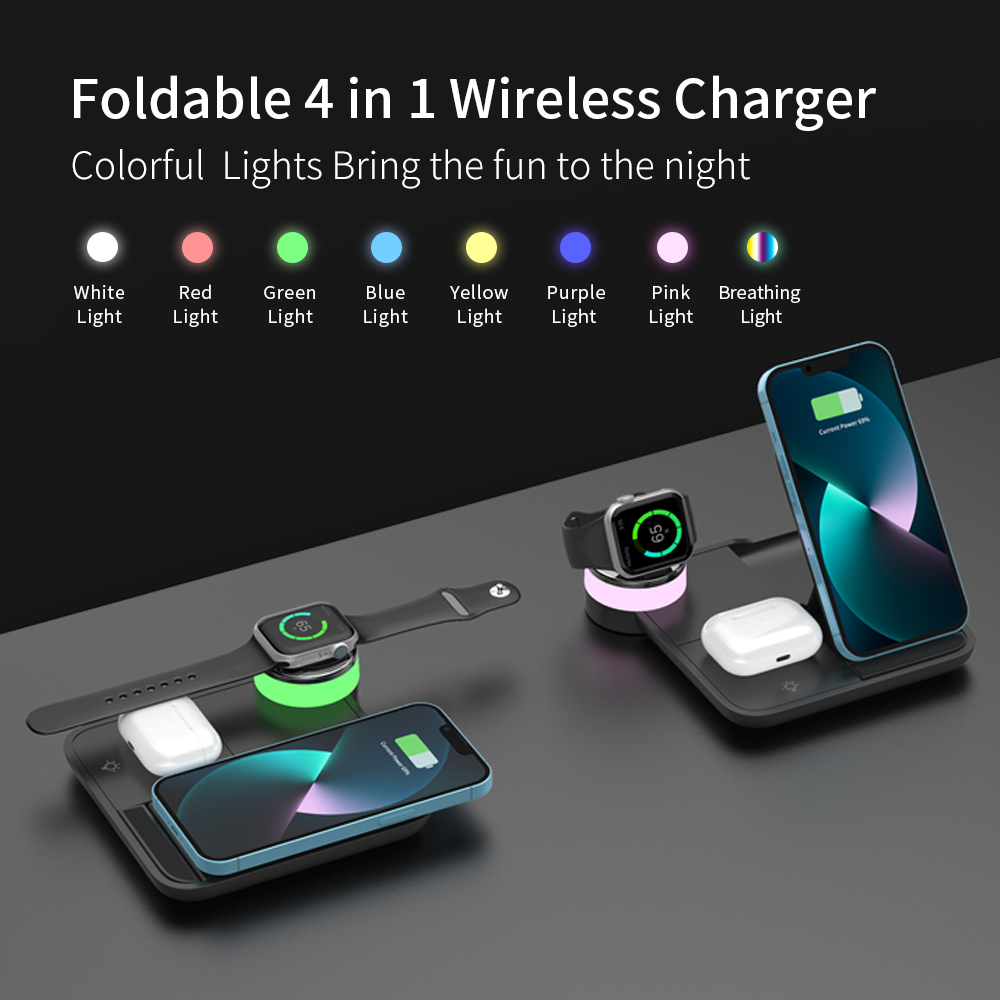 Support de chargeur rapide sans fil, station de charge pliable S6, 8 lumières, 4 en 1, iPhone 14, 13, 12, 11Pro Max, iWatch 8, 7, AirPods, 30W AI0001 – Image 6